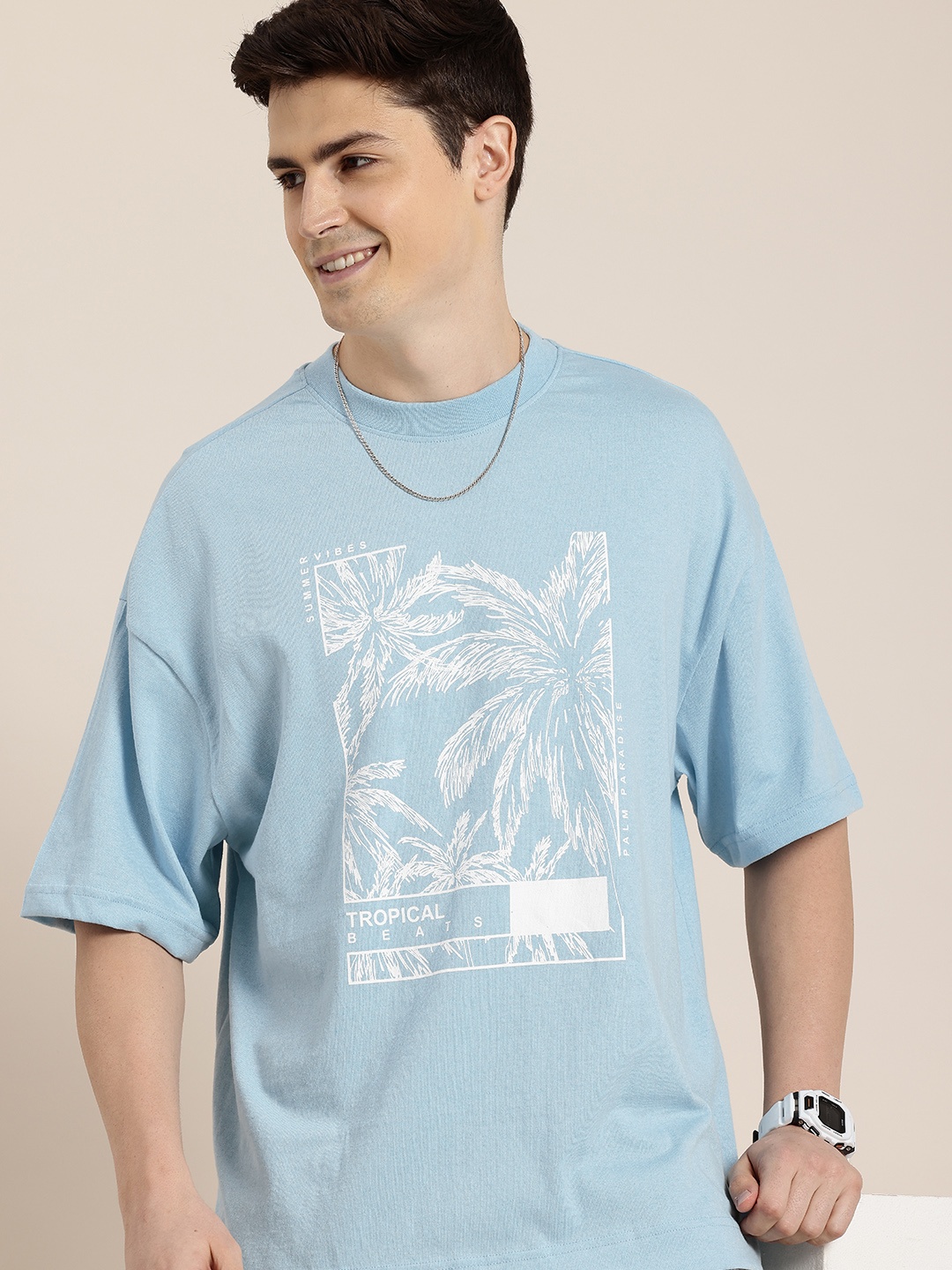 

HERE&NOW Printed Drop-Shoulder Sleeves T-shirt, Blue