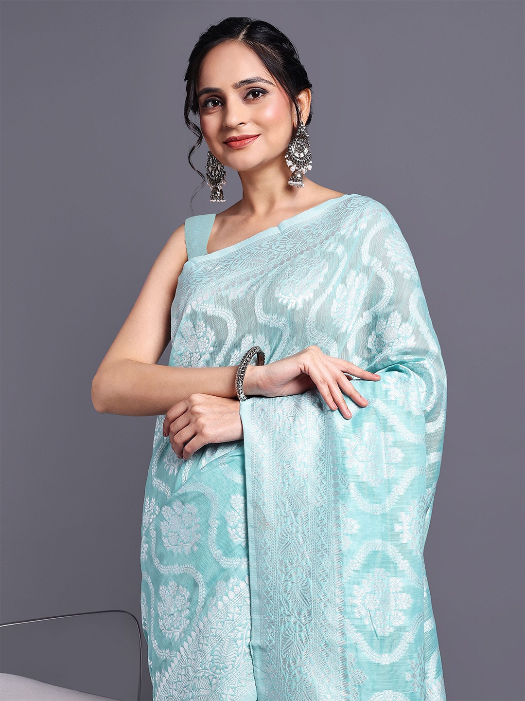 

SWAMI STUDIO Floral Zari Pure Cotton Kanjeevaram Saree, Blue