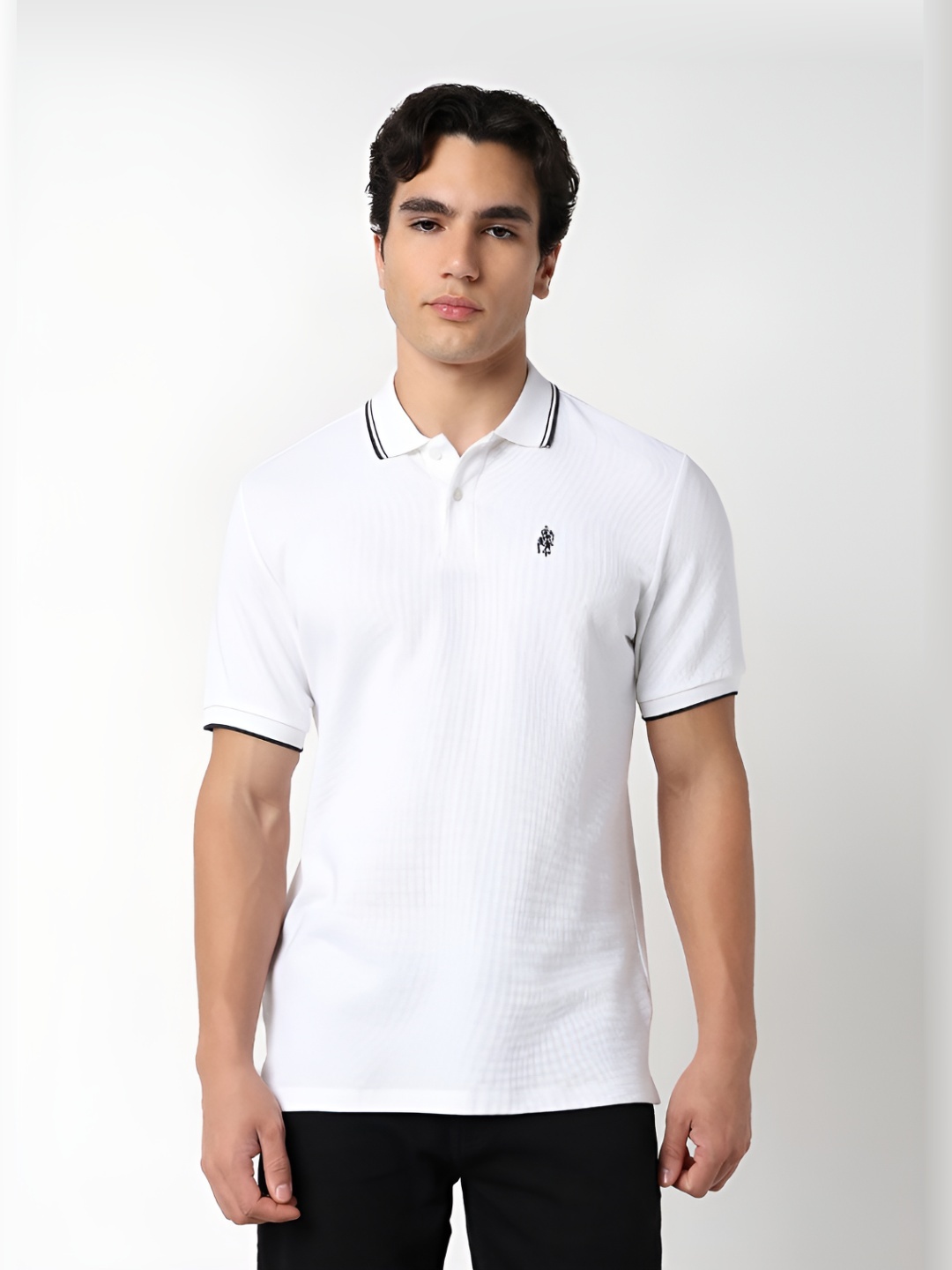 

R&B Men Solid Polo Collar Cotton T-shirt, White