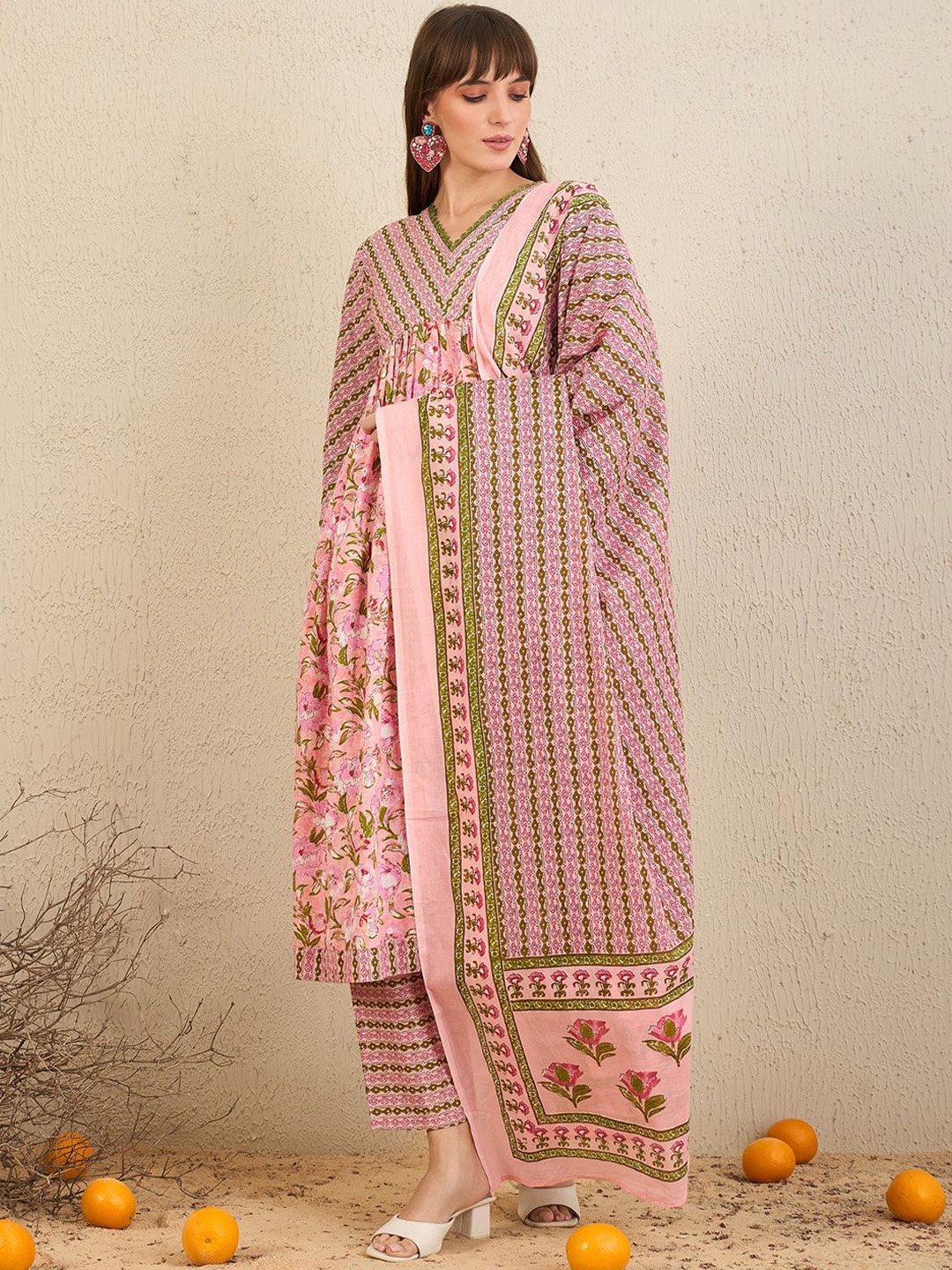 

Indo Era Floral Printed Empire Pure Cotton A-Line Kurta With Trousers & Dupatta, Pink