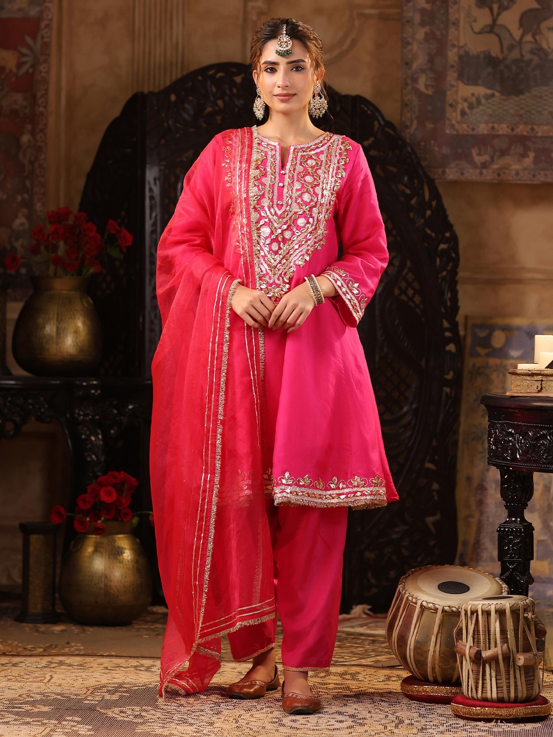 

SCAKHI Floral Embroidered Notch Neck Dupion Silk Anarkali Kurta with Salwar & Dupatta, Fuchsia