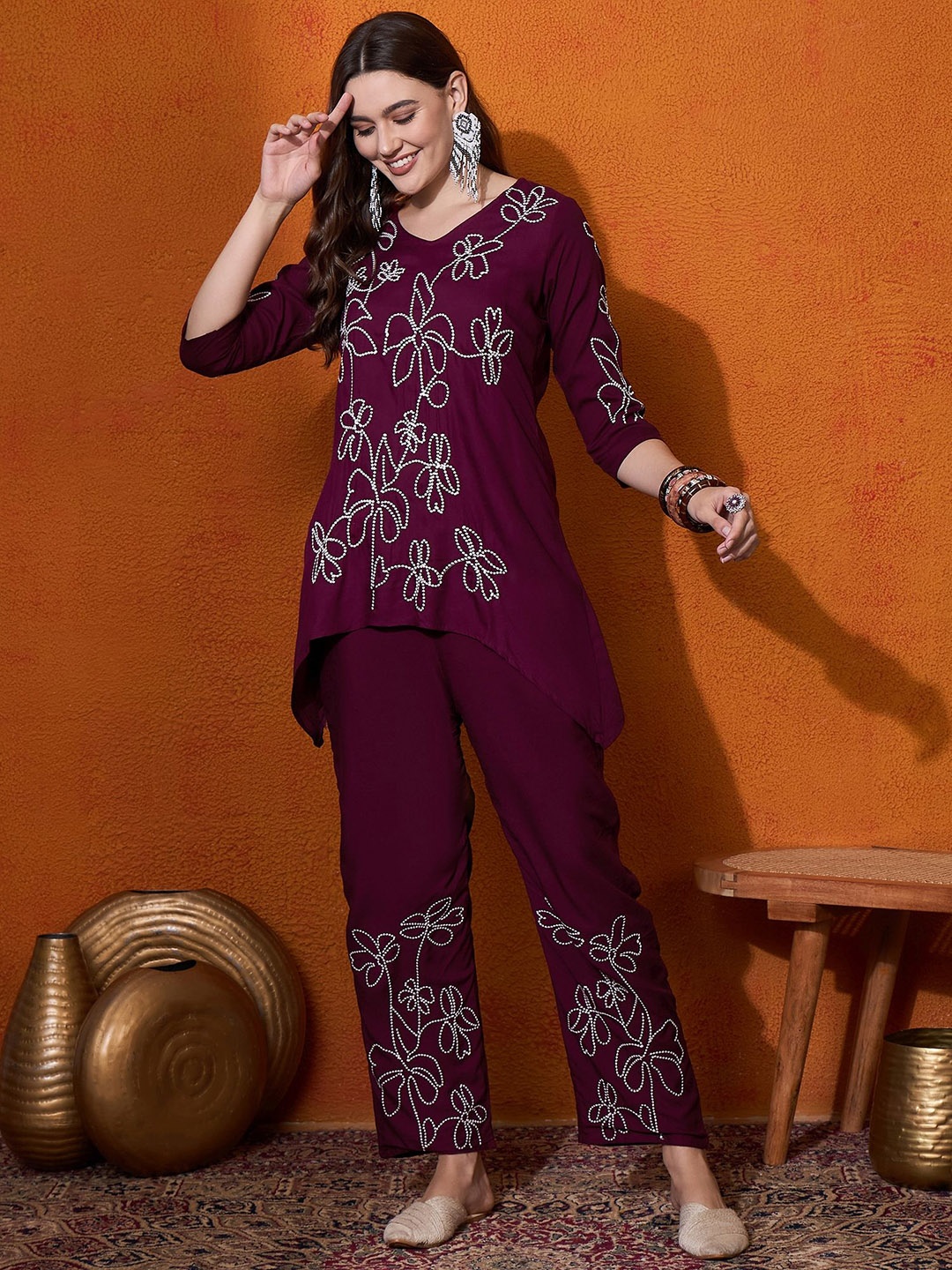 

Anouk Embroidered Top & Trousers, Burgundy