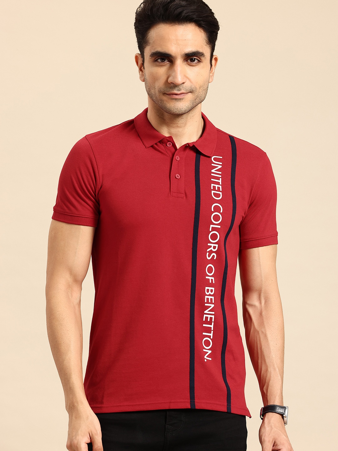 

United Colors of Benetton Men Brand Logo Printed Polo Collar T-shirt, Red