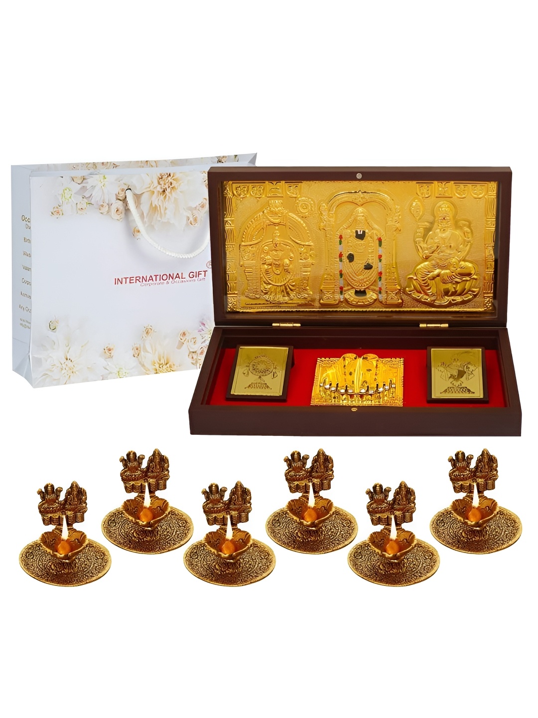 

INTERNATIONAL GIFT Gold-Toned Religious Bala Ji Charan Paduka Showpiece with 6 Diya