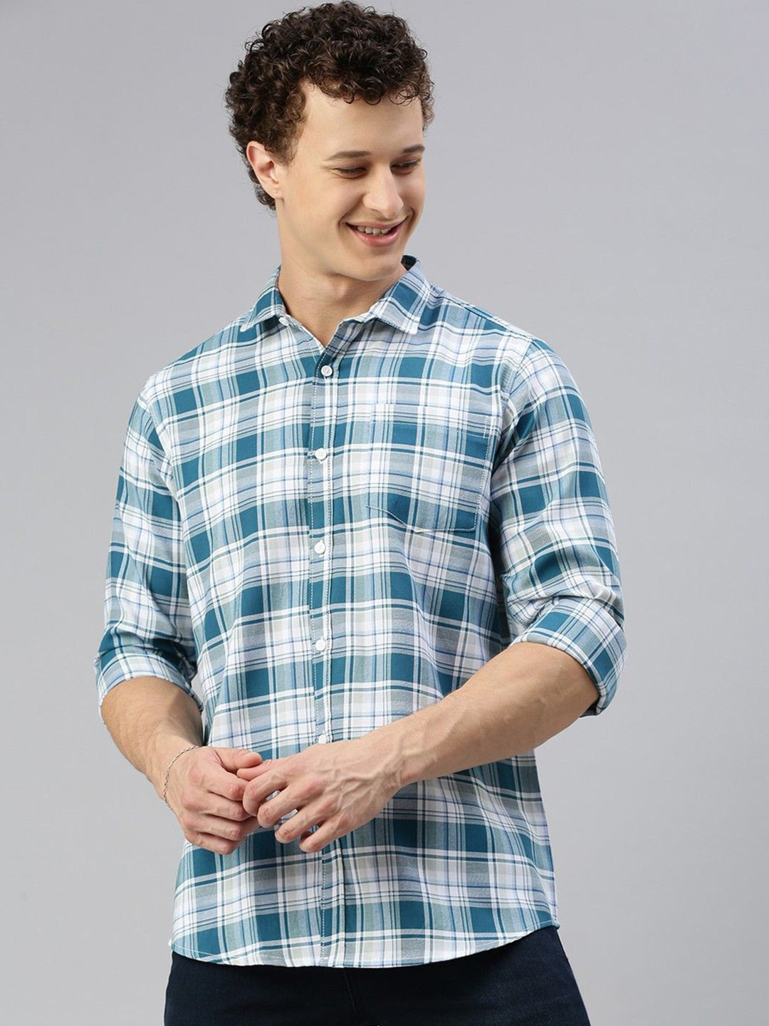 

Cross Court Men Tartan Checks Opaque Checked Casual Shirt, Turquoise blue
