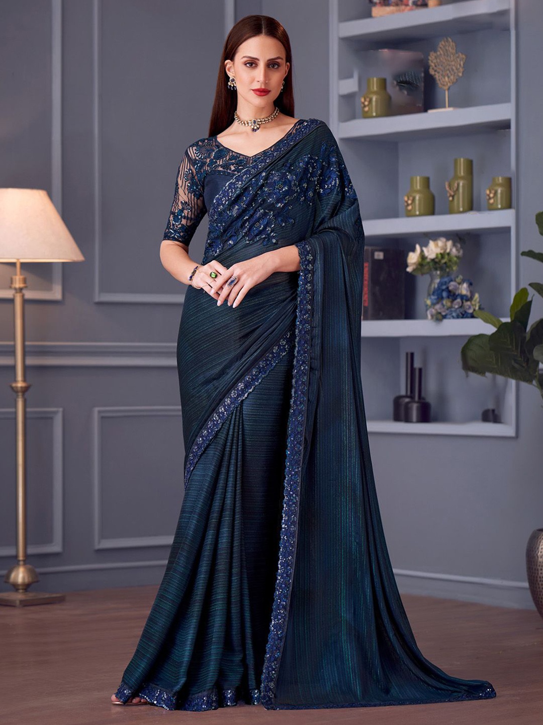 

Mitera Embellished Sequinned Pure Georgette Saree, Navy blue