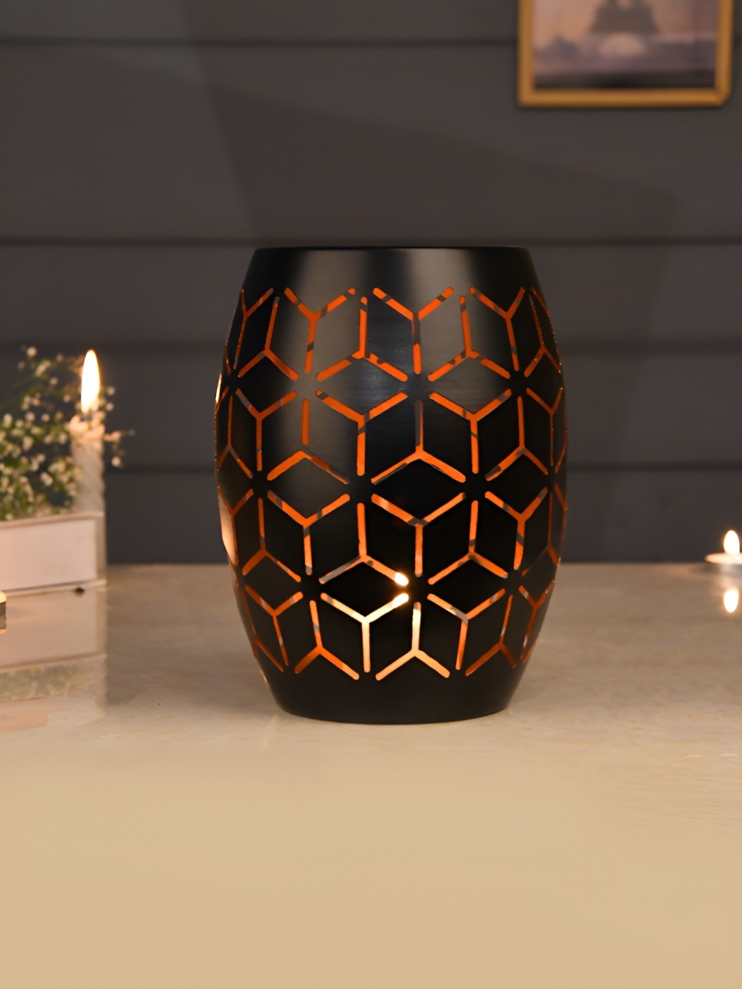 

TAYHAA Black & Copper Toned Geometric Textured Metal Candle Holder