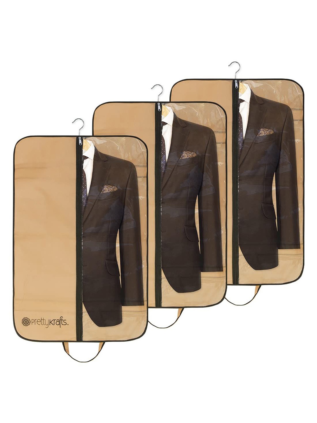 

prettykrafts Beige & Brown 3 Pieces Printed Reusable Blazer covers Organisers