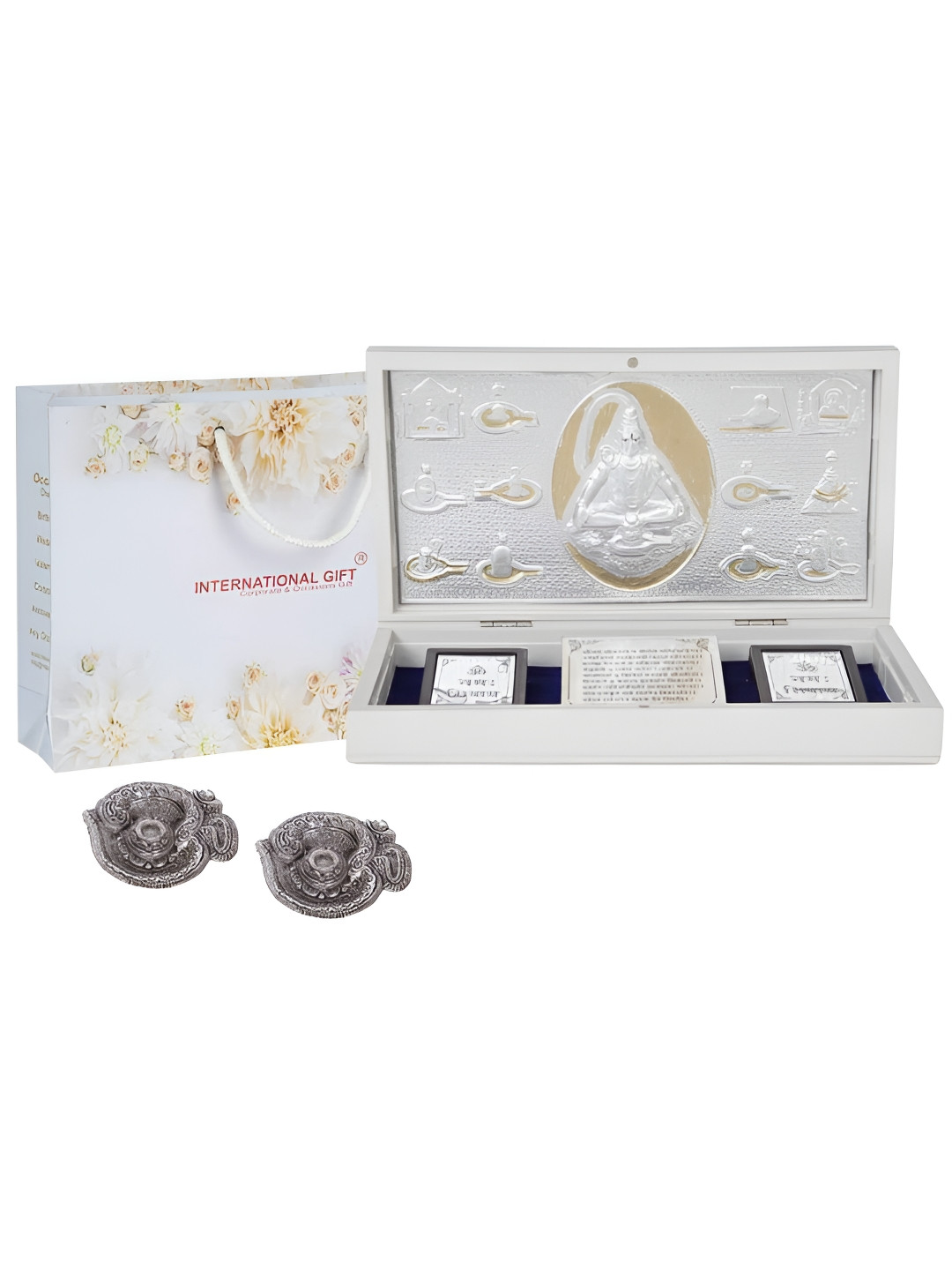 

INTERNATIONAL GIFT Silver-Toned Religious Lord Shiv Charan Paduka Showpiece with 2 Diya