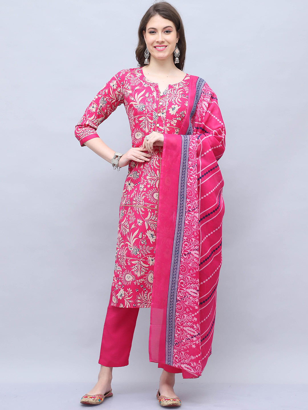 

Rajnandini Floral Printed Gotta Patti Straight Kurta with Trousers & Dupatta, Pink