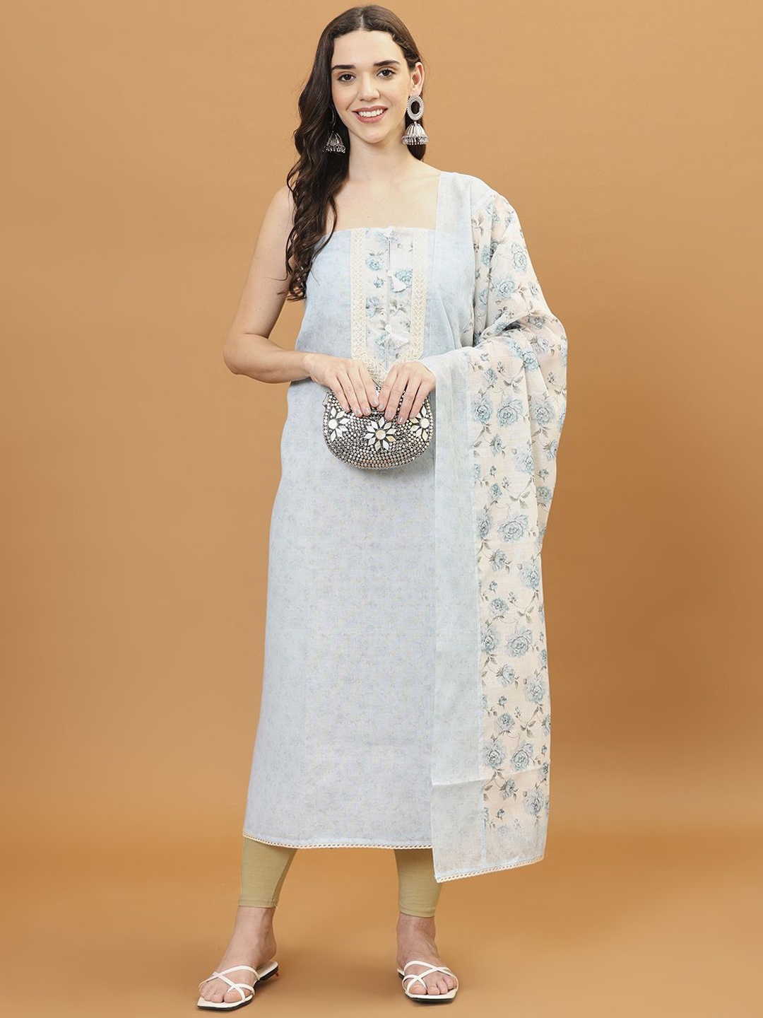 

Meena Bazaar Floral Printed Sequinned Unstitched Dress Material, Blue