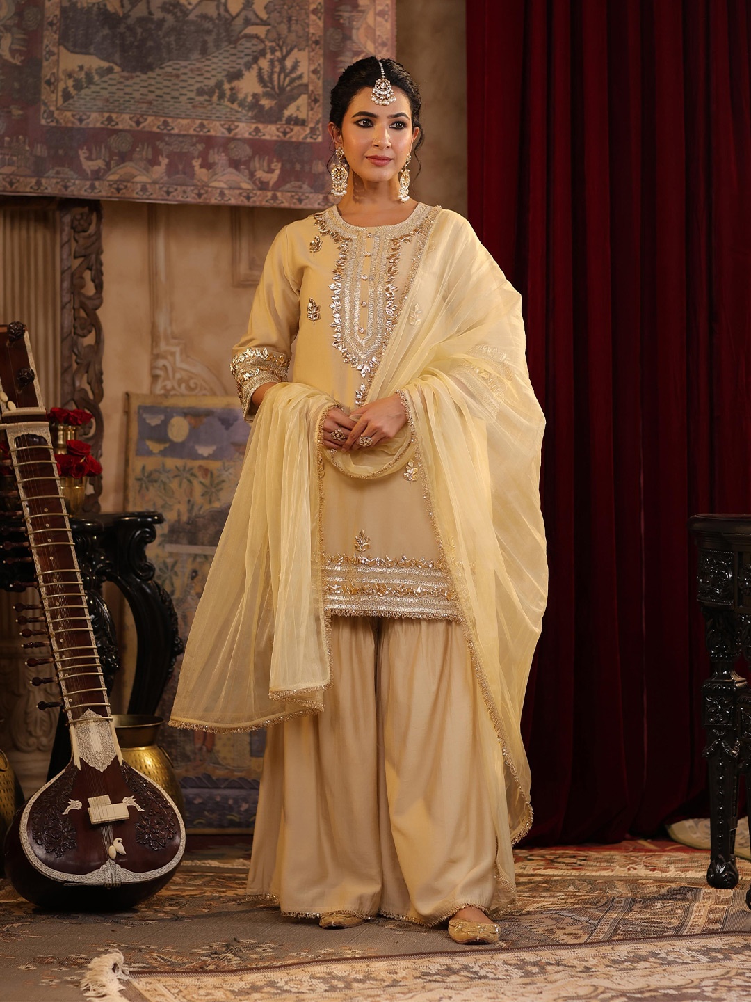 

SCAKHI Ethnic Motifs Embroidered Gotta Patti Chanderi Silk Kurta with Sharara & Dupatta, Beige