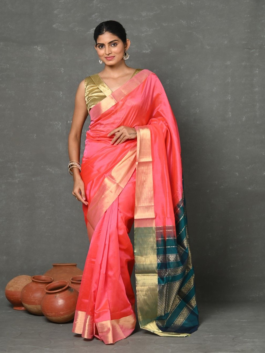 

Very Much Indian Solid Zari Saree With Blouse Piece, Pink