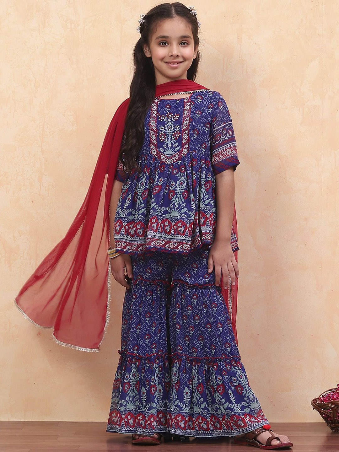 

Biba Girls Floral Printed Regular A-Line Kurti with Sharara & Dupatta, Blue