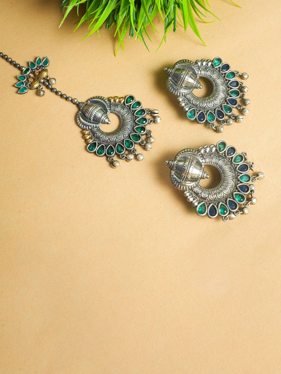 

VIRAASI Stone Studded & Beaded Oxidised Jewellery Set, Silver