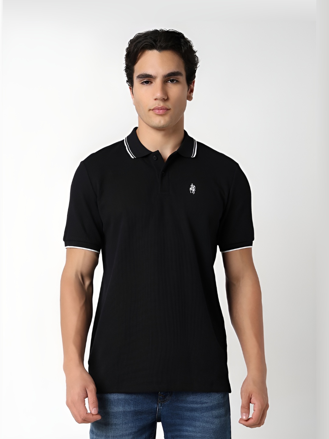 

R&B Men Solid Polo Collar Cotton T-shirt, Black