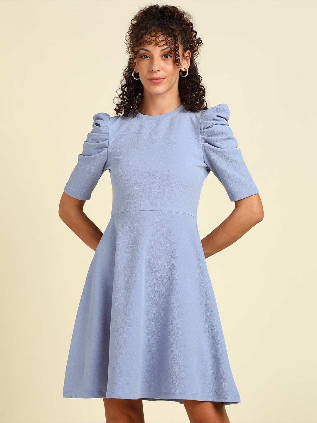 

SAFFE Puff Sleeve Fit & Flare Dress, Blue