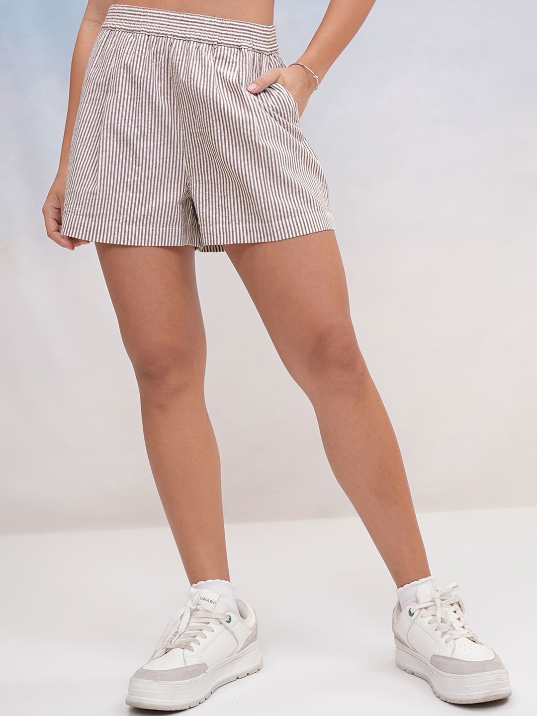 

Tokyo Talkies Women Cotton Striped Technology Mid-Rise Regular Fit Shorts, Brown