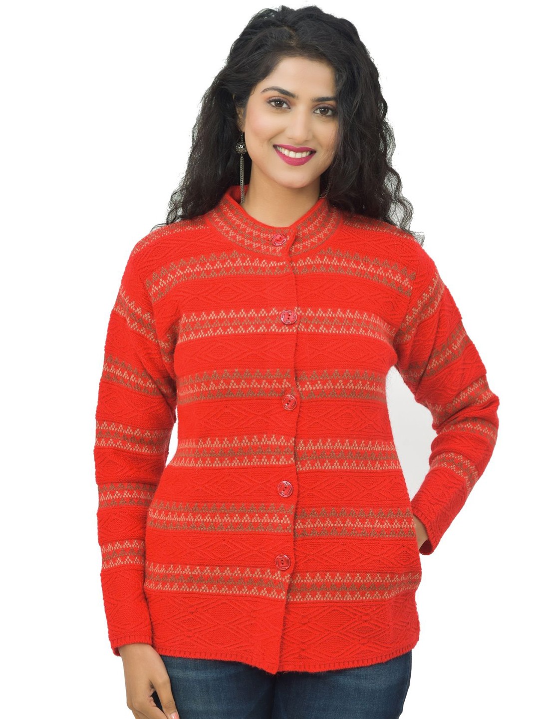 

BAISA Women Striped Printed Cardigan, Red