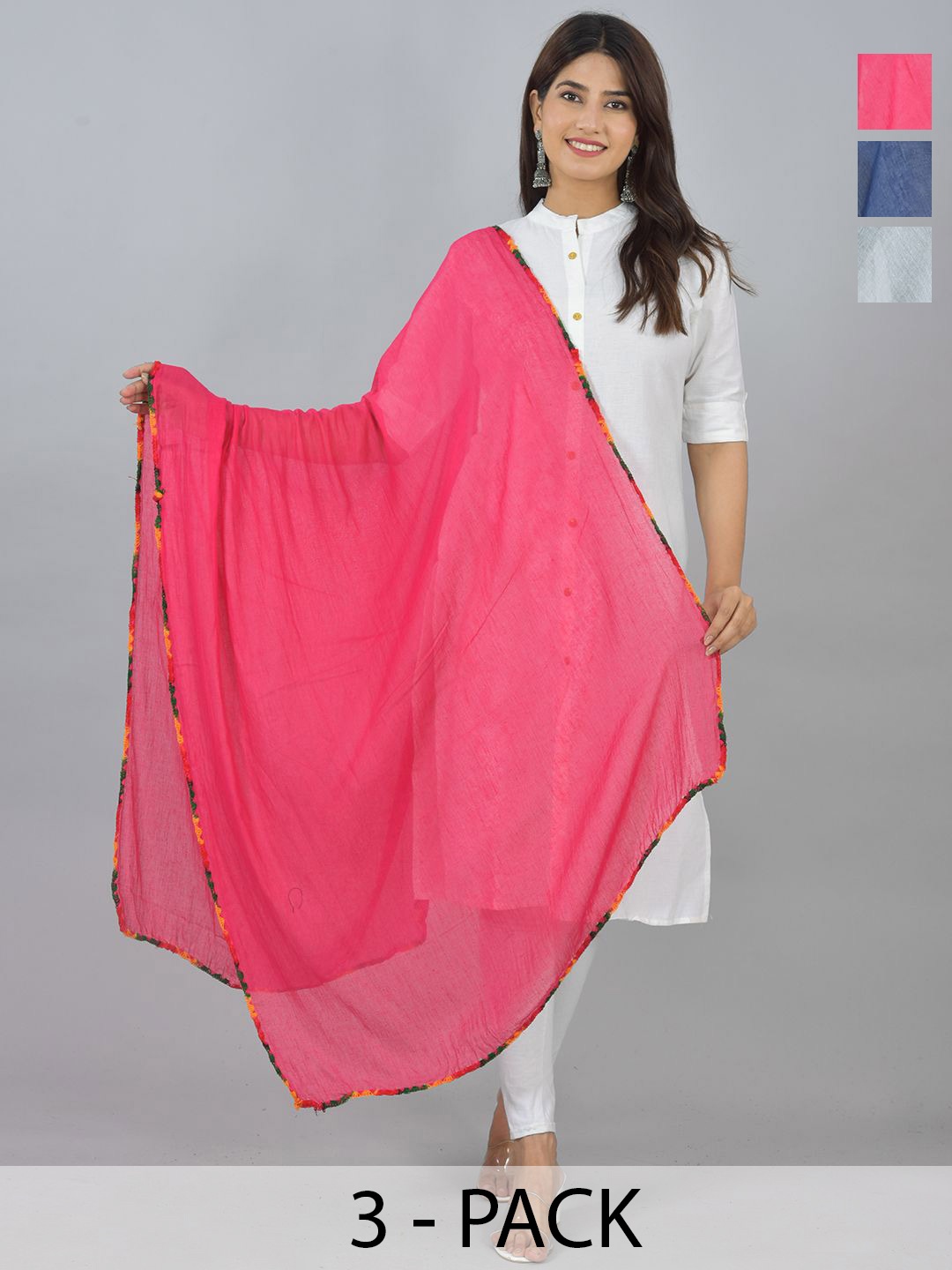 

LA FEMINAE Pack Of 3 Pure Cotton Dupattas, Pink