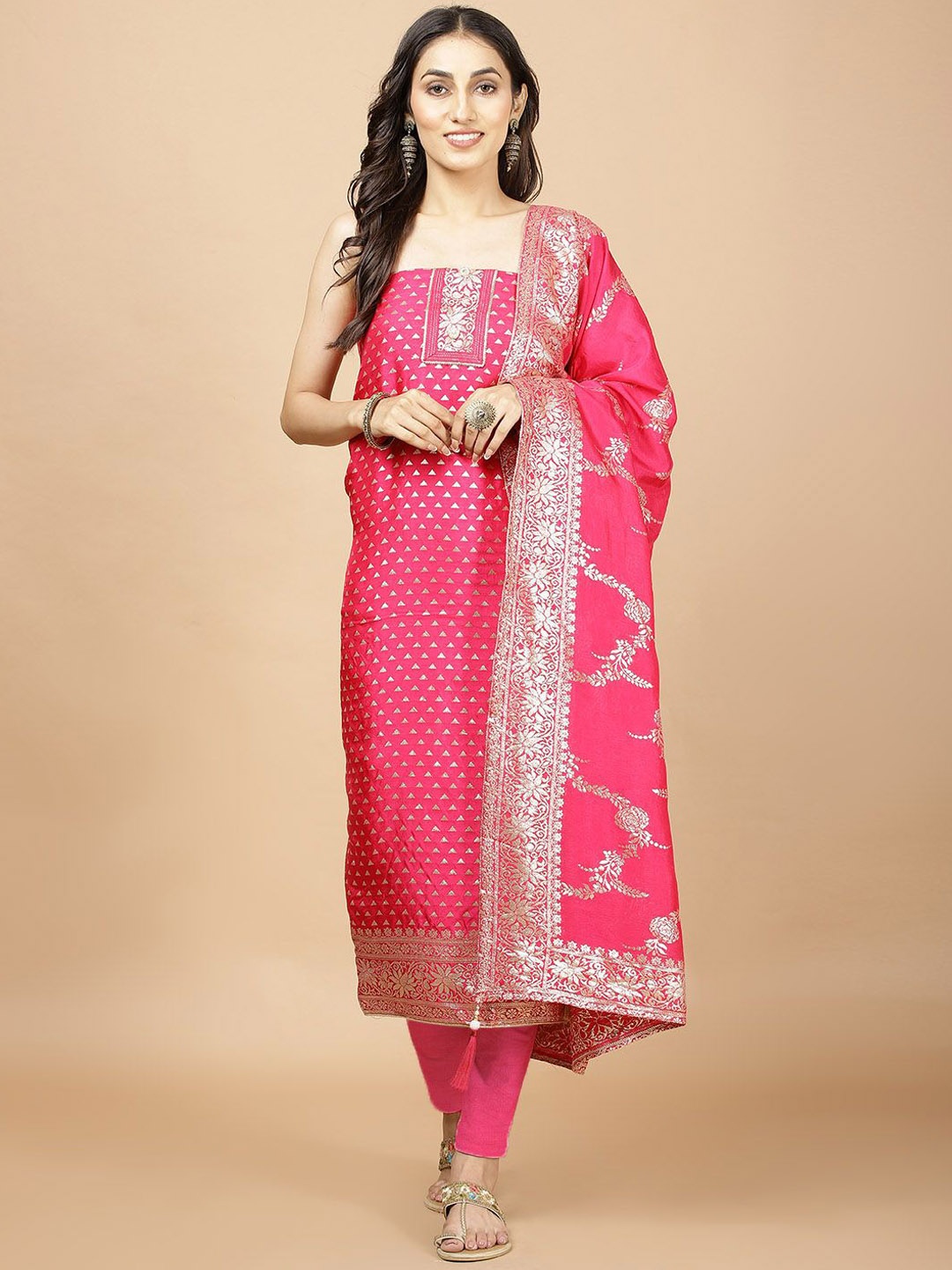 

Meena Bazaar Floral Woven Design Art Silk Unstitched Dress Material, Pink