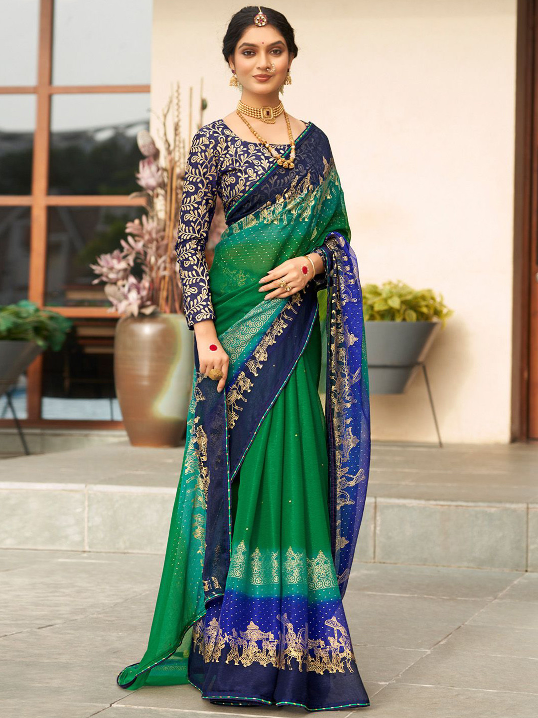 

Anouk Ethnic Motifs Zari Poly Chiffon Saree, Green
