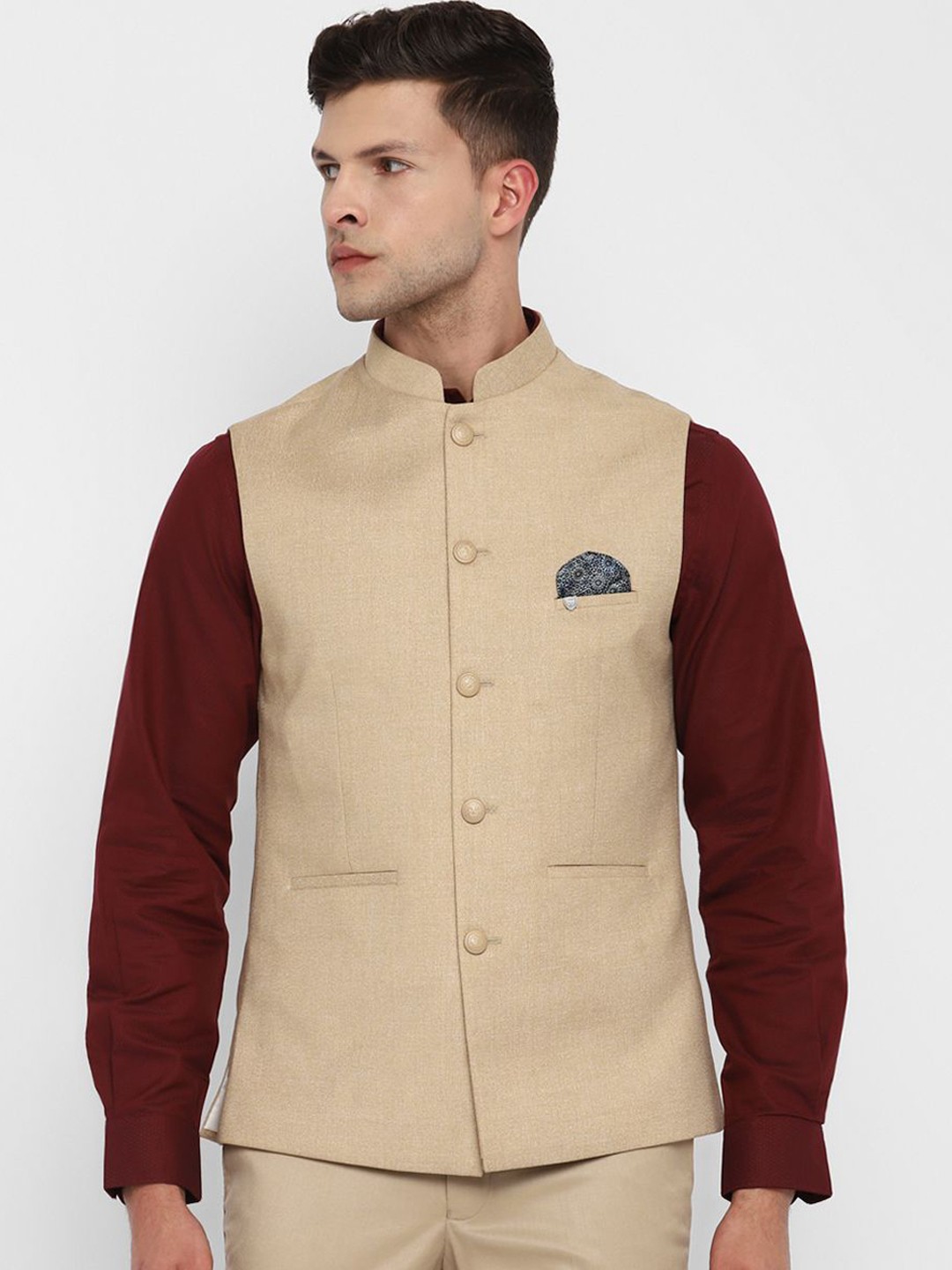 

Turtle Printed Slim-Fit Pure Cotton Nehru Jackets, Khaki