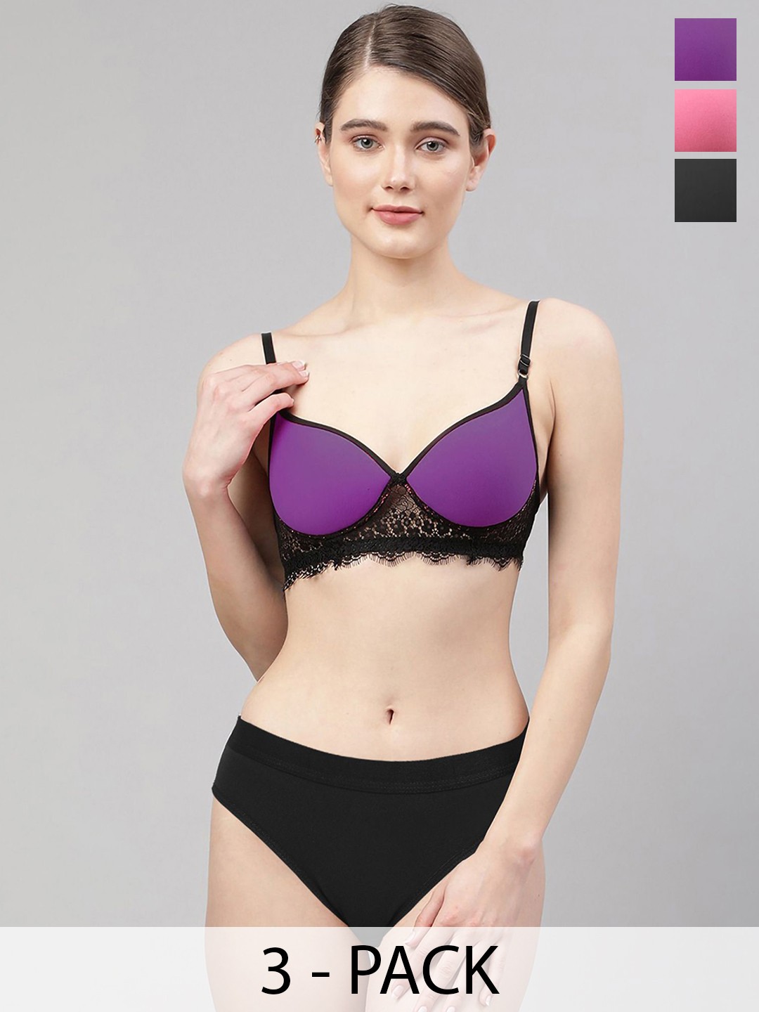

AROUSY Pack Of 3 Lightly-Padded Lingerie Sets A_Cupri Set3, Pink