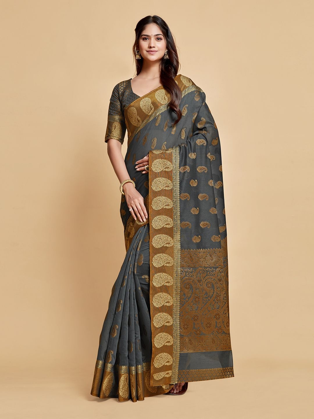 

MAHALASA Woven Design Zari Pure Cotton Chanderi Saree, Grey