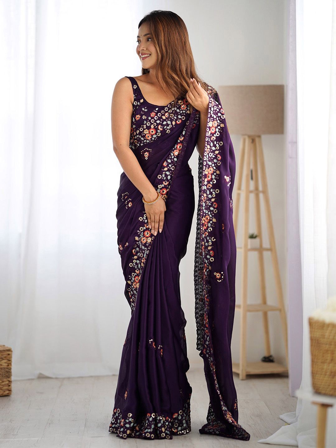 

Anouk Floral Sequinned Poly Chiffon Saree, Purple