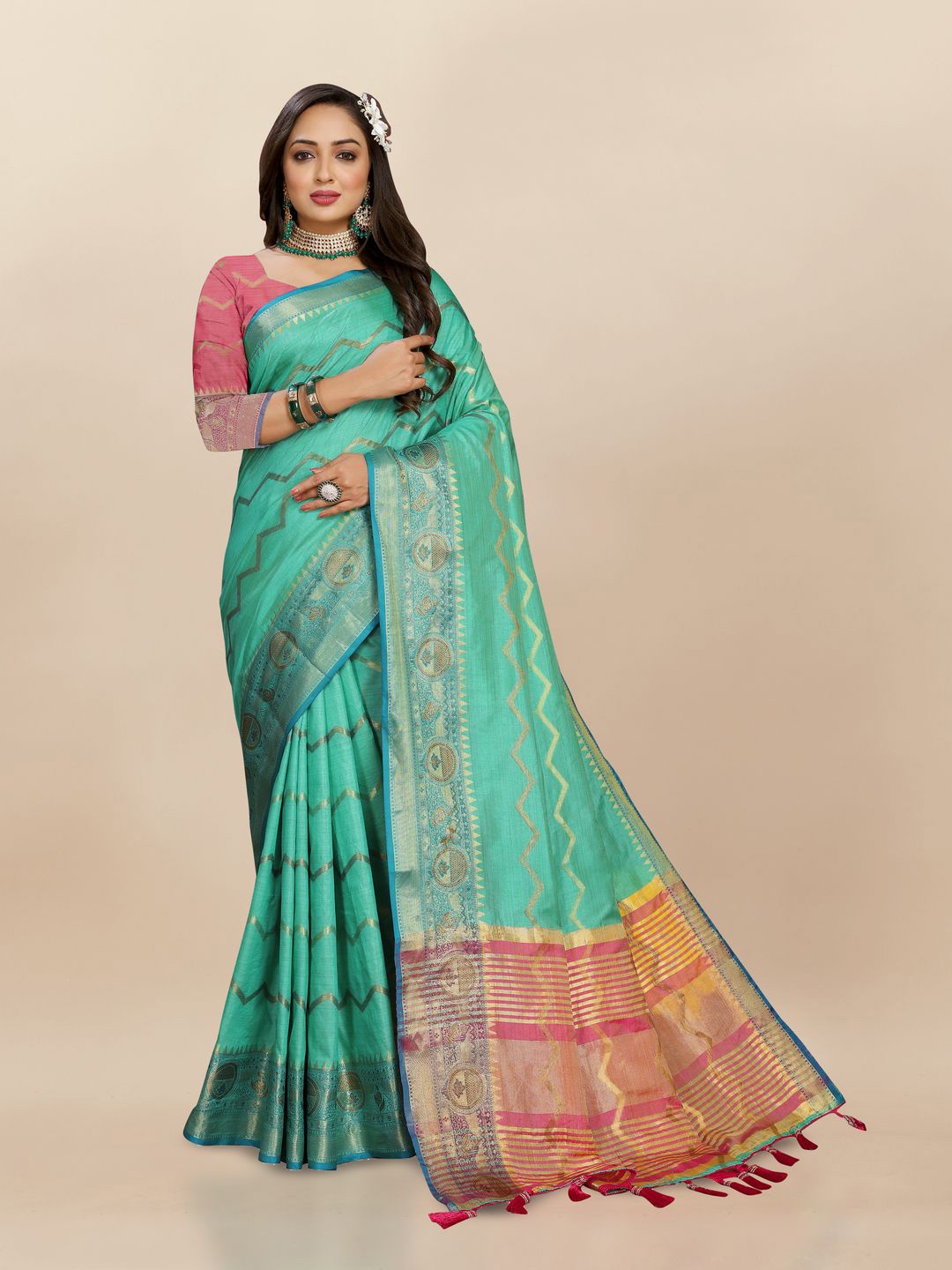 

MOKSHA DESIGNS Ethnic Motifs Zari Pure Silk Kanjeevaram Saree, Green