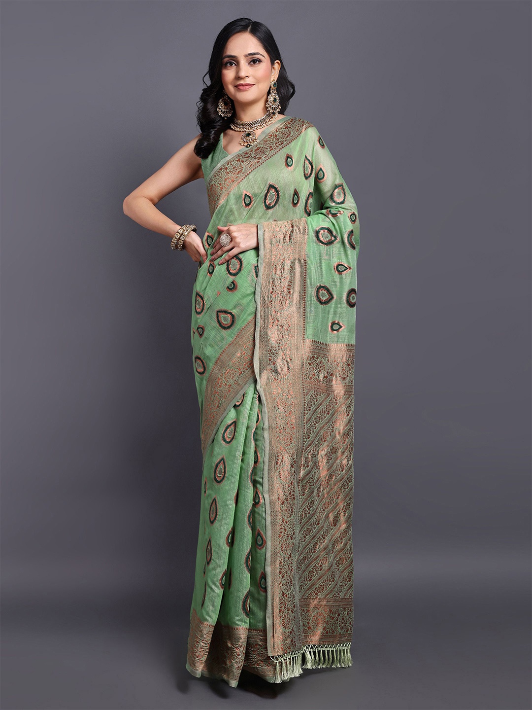 

SWAMI STUDIO Floral Zari Pure Cotton Kanjeevaram Saree, Green