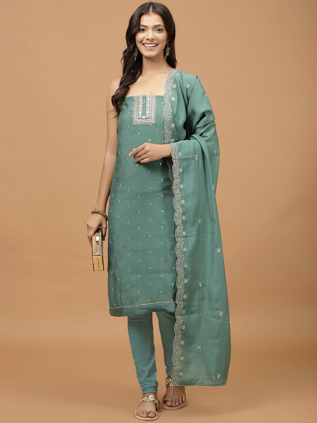 

Meena Bazaar Floral Embroidered Zari Unstitched Dress Material, Teal