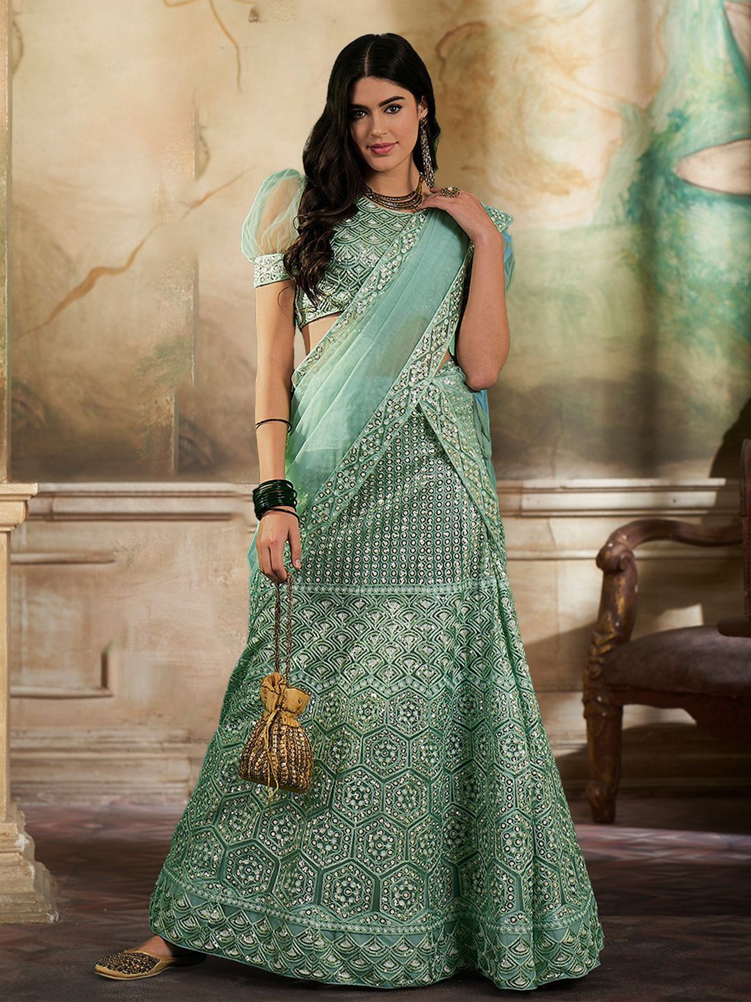 

Kvsfab Embroidered Sequinned Semi-Stitched Lehenga & Blouse With Dupatta, Green