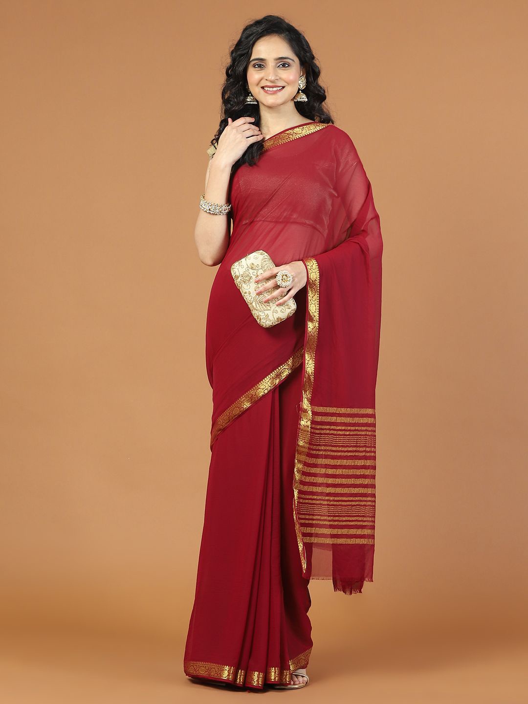 

Meena Bazaar Zari Poly Chiffon Saree, Burgundy