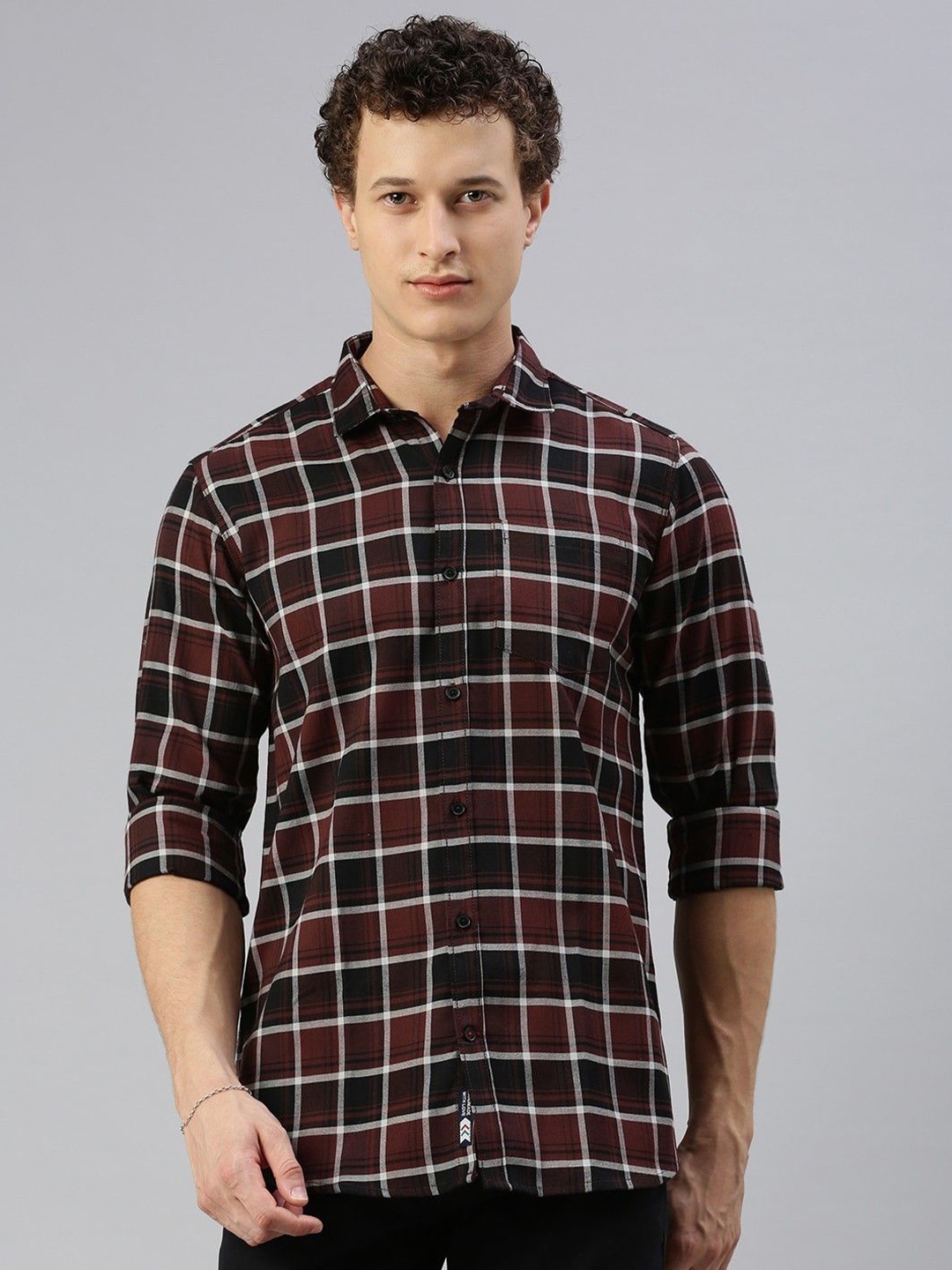 

Cross Court Men Windowpane Checks Opaque Checked Casual Shirt, Brown
