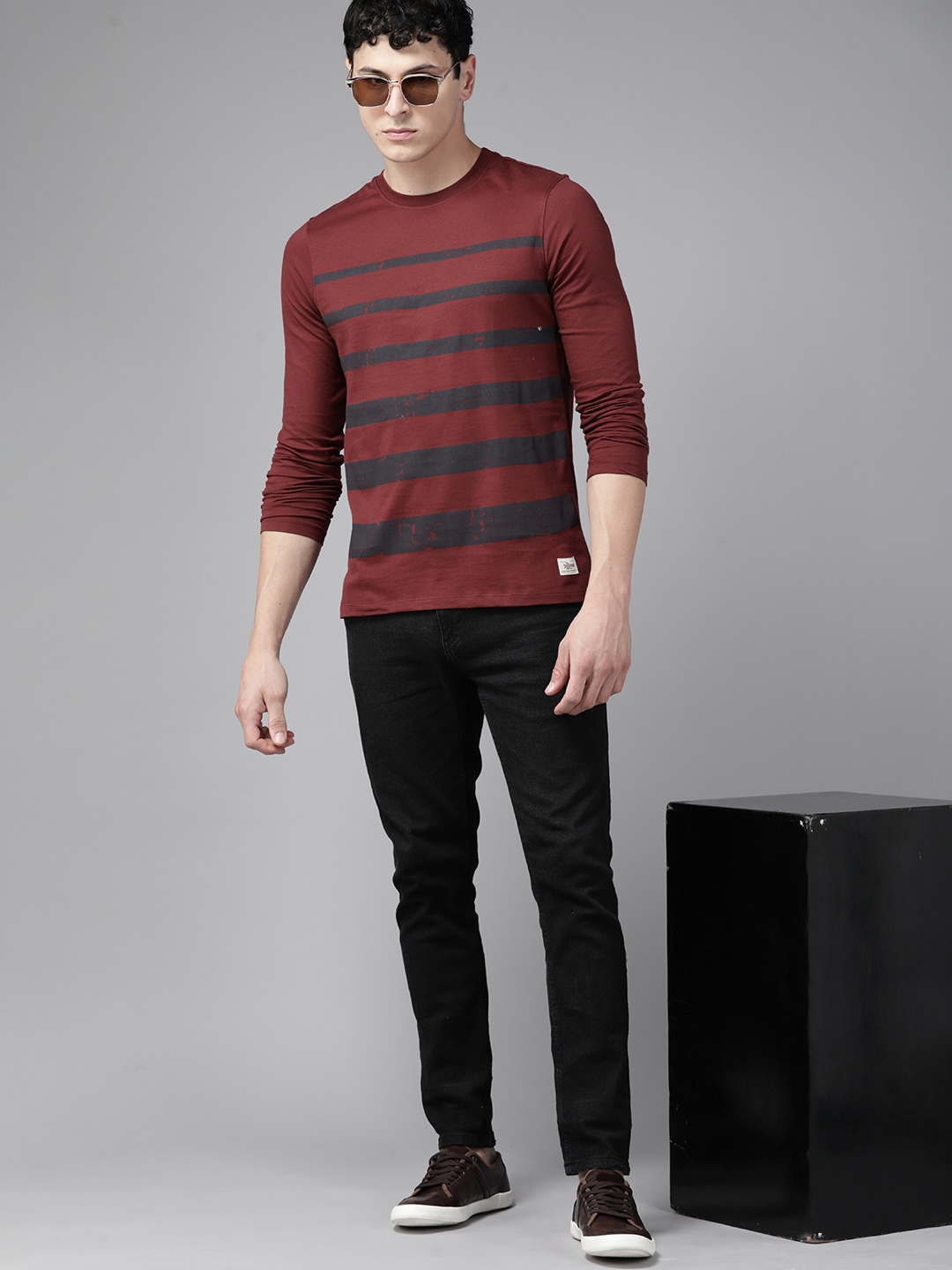 

The Roadster Lifestyle Co. Striped Pure Cotton T-shirt, Maroon