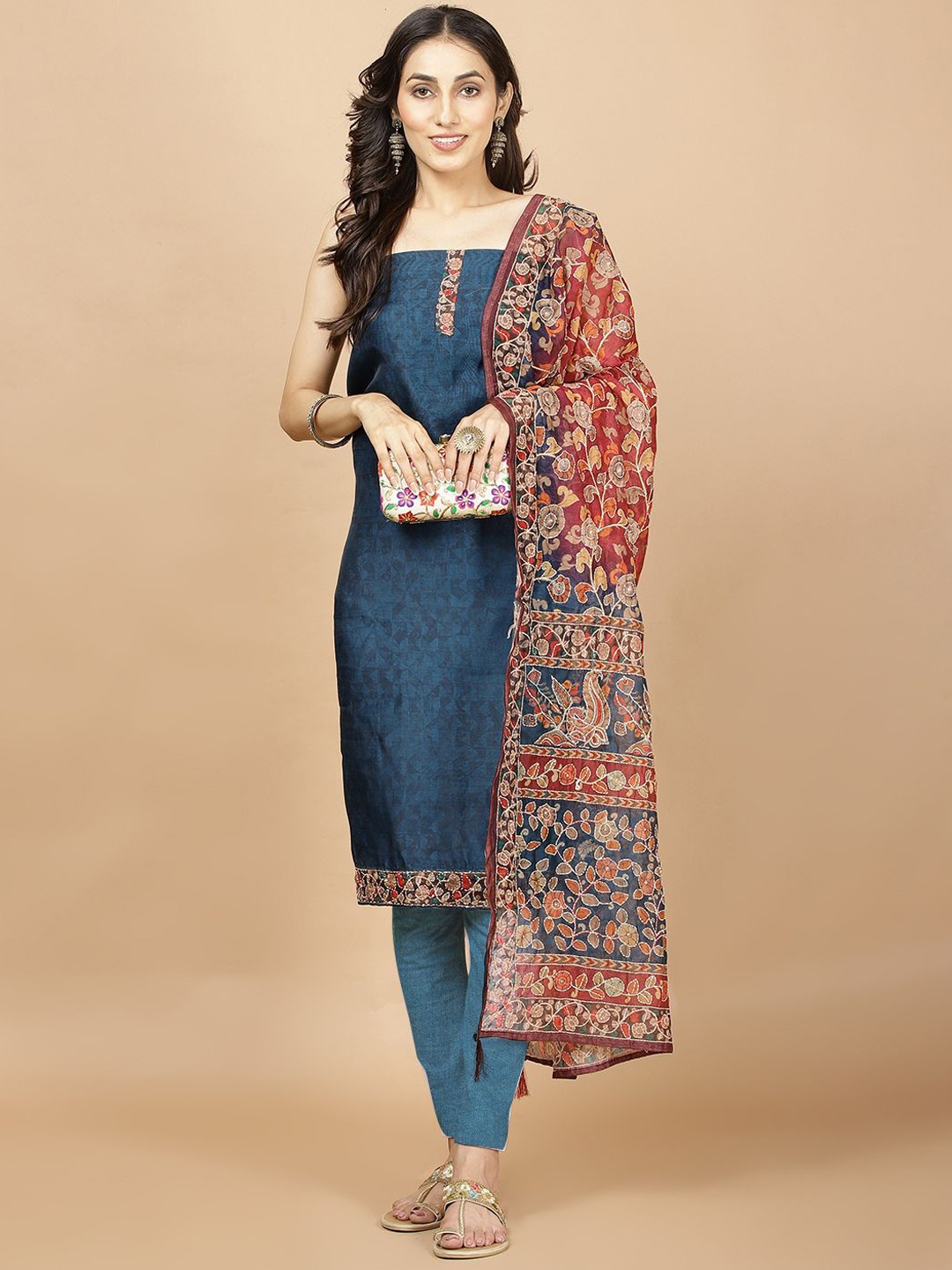 

Meena Bazaar Art Silk Unstitched Dress Material, Navy blue