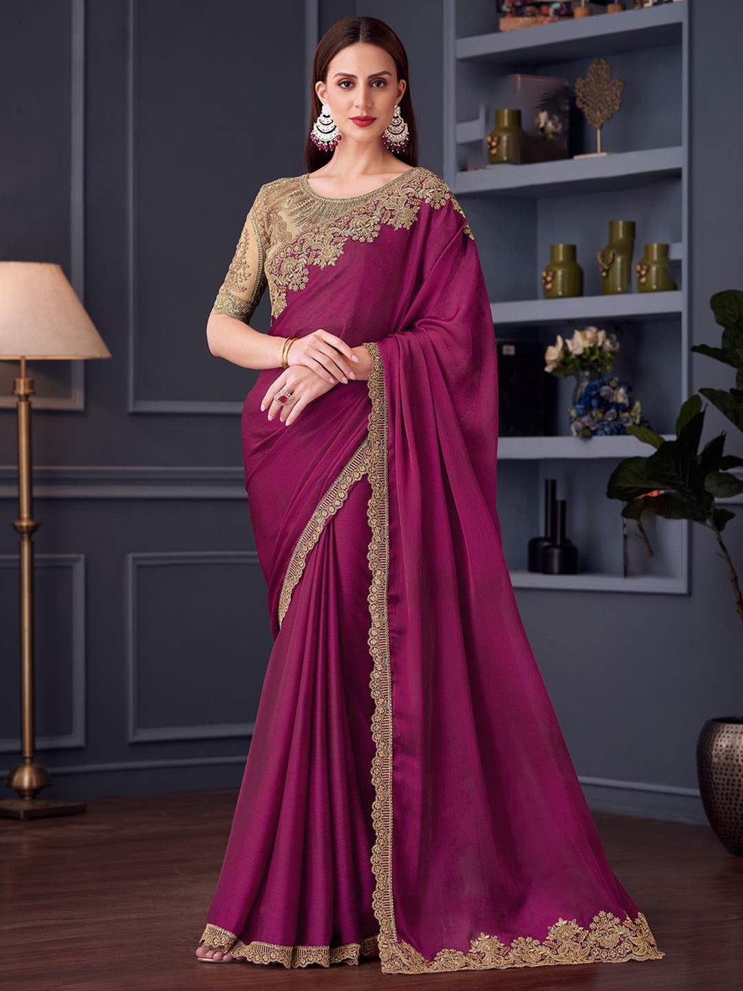 

Mitera Embroidered Satin Saree, Magenta