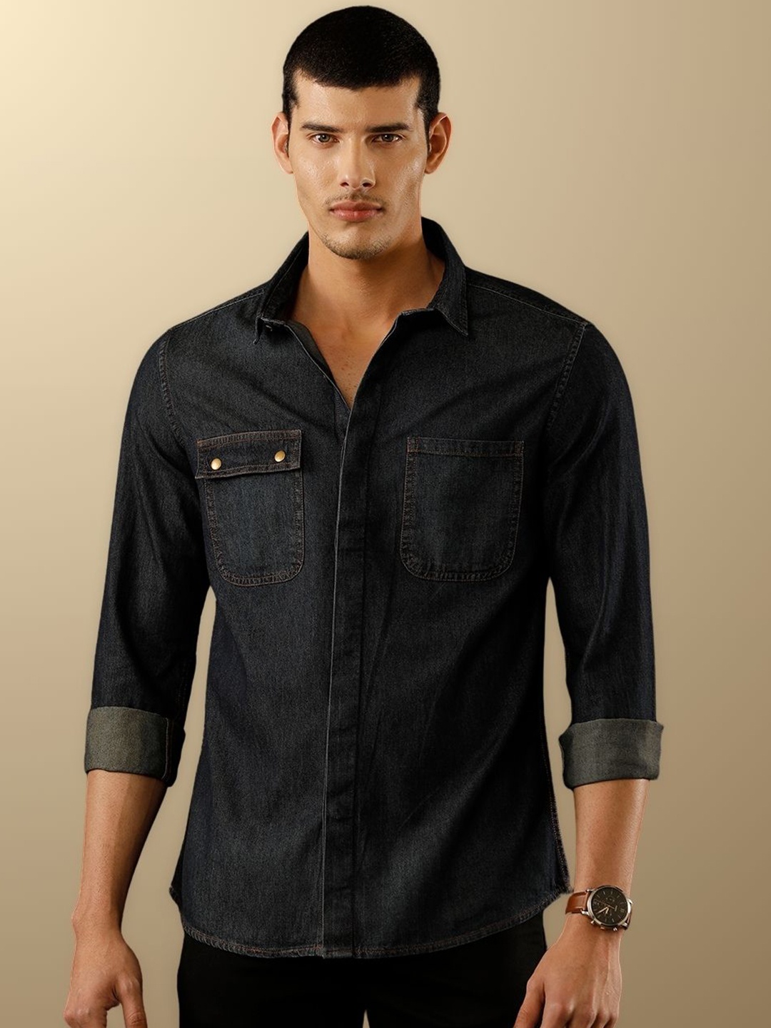 

TEMPLE OF DENIM Men India Slim Spread Collar Solid Denim Casual Shirt, Blue