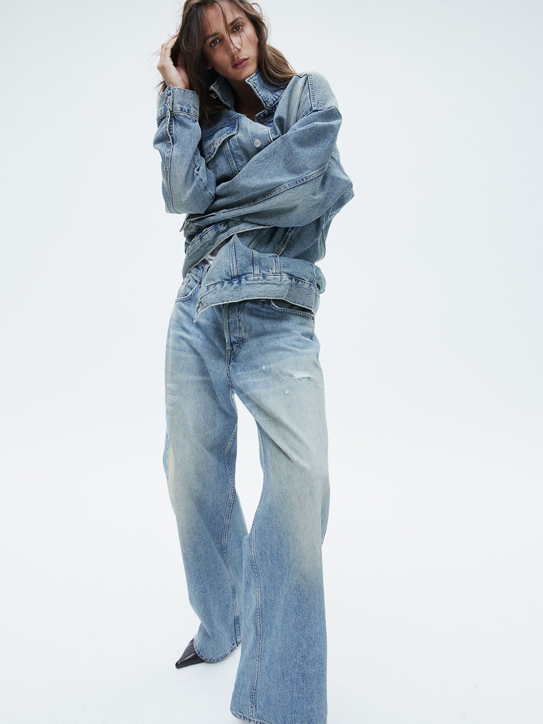 

H&M Women Baggy Wide Leg Low-Rise Pure Cotton Jeans, Blue