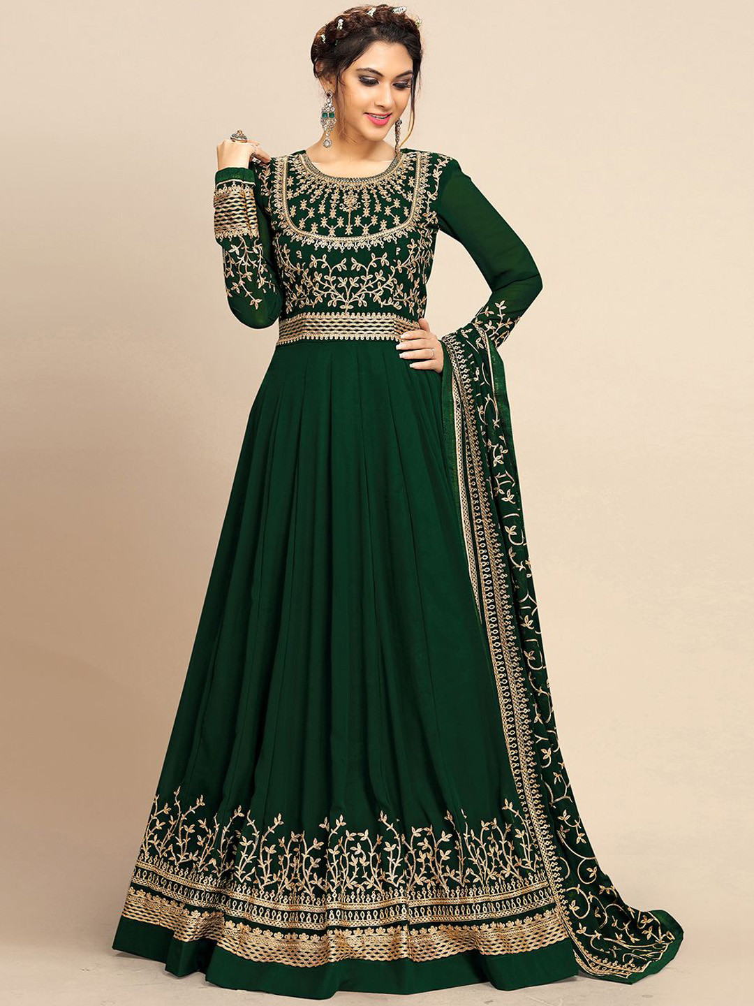 

Trendmalls Floral Embroidered Regular Aari Work Georgette Kurta with Trousers & Dupatta, Green