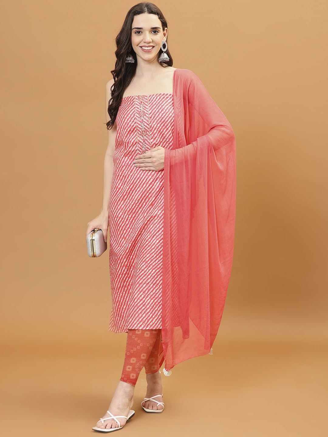 

Meena Bazaar Printed Unstitched Dress Material, Coral