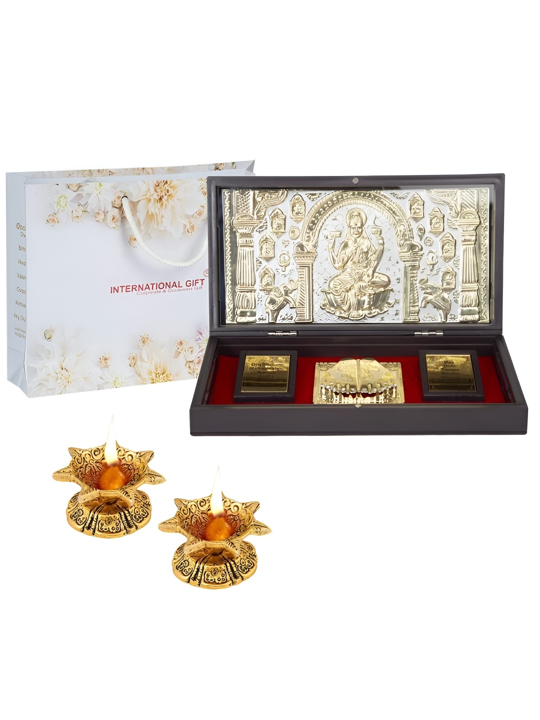 

INTERNATIONAL GIFT Golden Charan Box Mata Saraswati Frame with Charan Paduka & 2 Diya, Gold