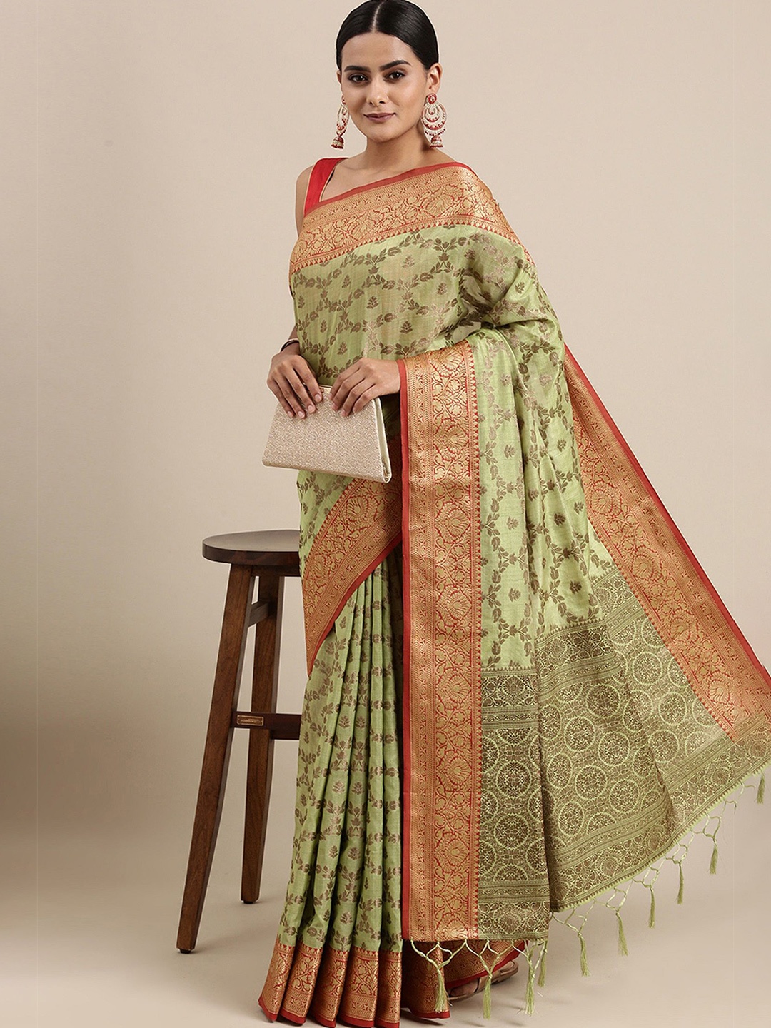 

MAHALASA Ethnic Motifs Zari Pure Cotton Kanjeevaram Saree, Green