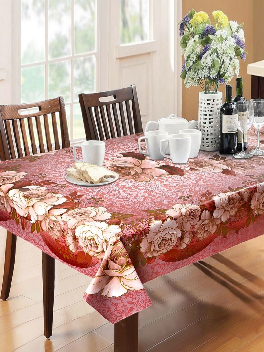 

Dakshya Industries Red Floral Waterproof 6-Seater Table Cover