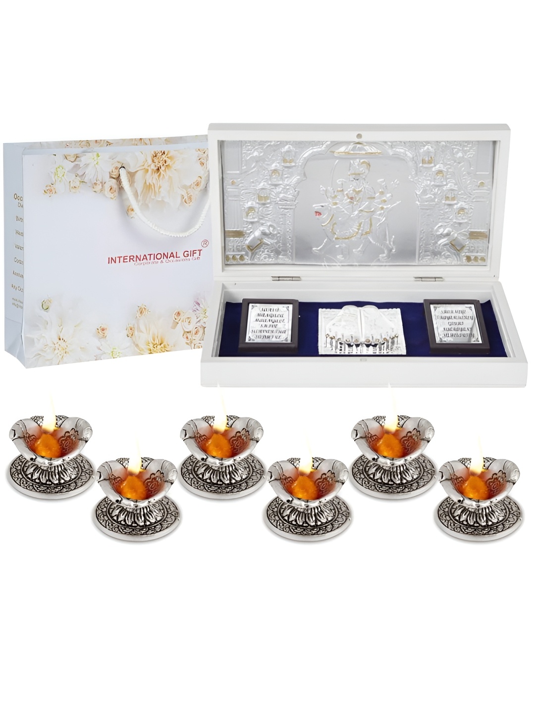 

INTERNATIONAL GIFT Silver-Toned Durga Mata Charan Paduka Box with Diya