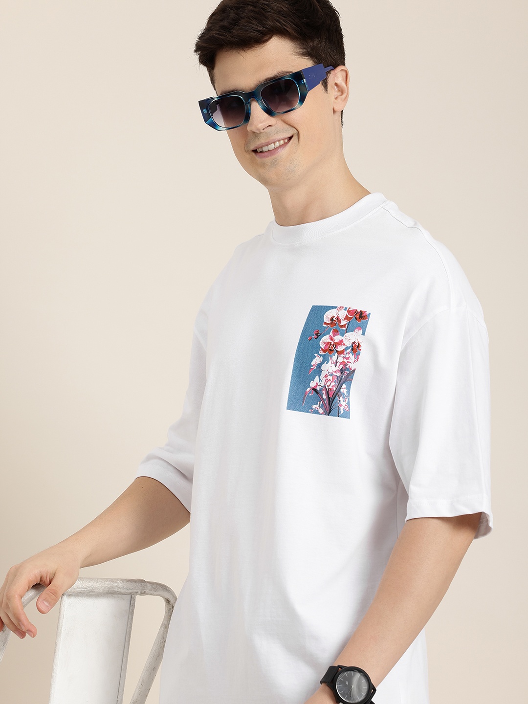 

HERE&NOW Printed Drop-Shoulder Sleeves Pure Cotton Oversized T-shirt, White