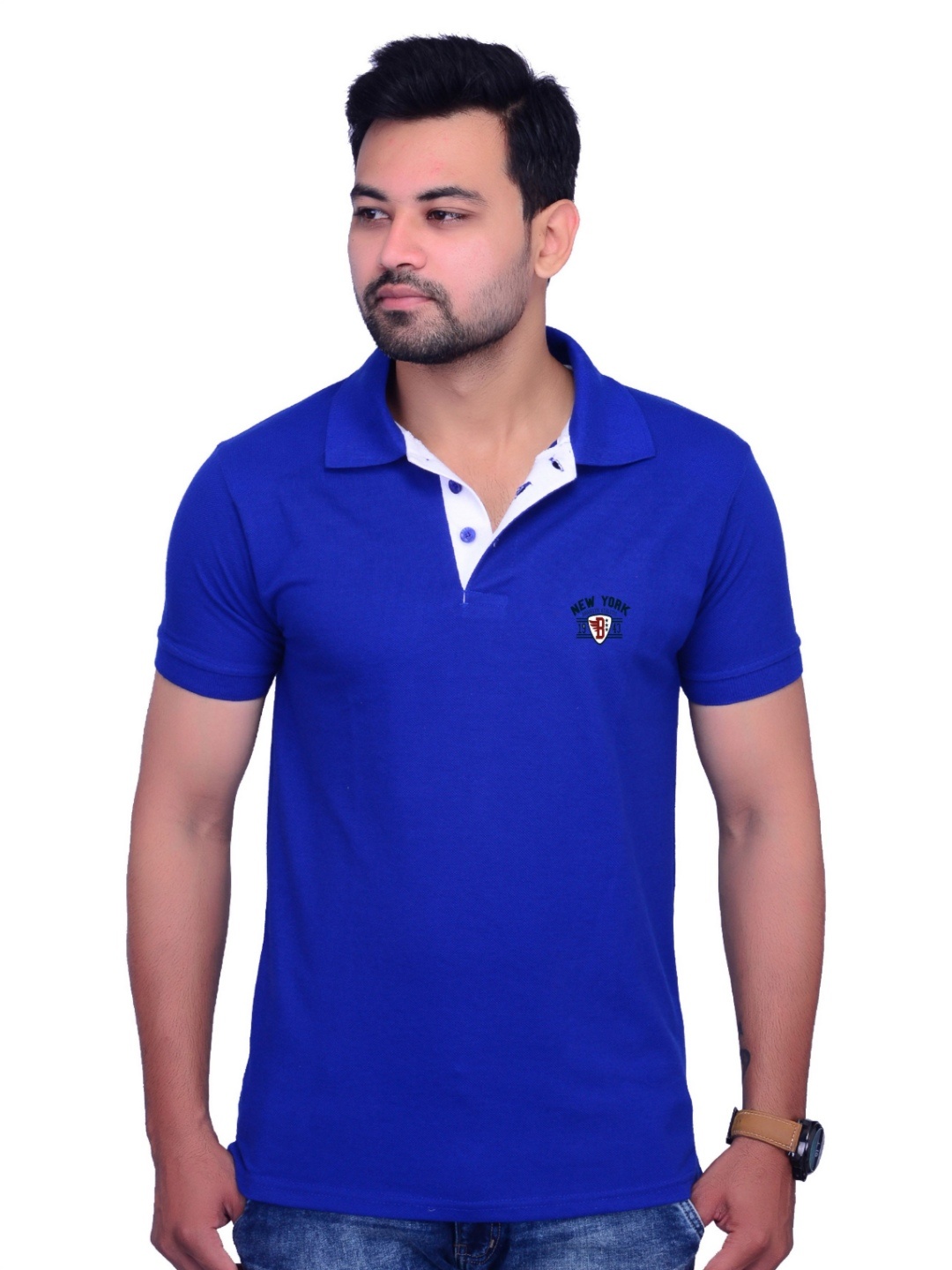 

LA MILANO Men Polo Collar Applique Slim Fit T-shirt, Blue