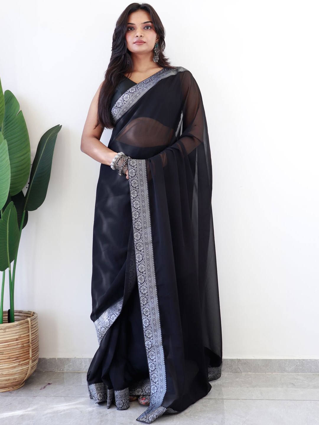 

Mitera Zari Poly Georgette Ready to Wear Saree, Black